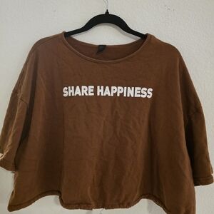 SHEIN Brown Cropped Sweatshirt with SHARE HAPPINESS Graphic